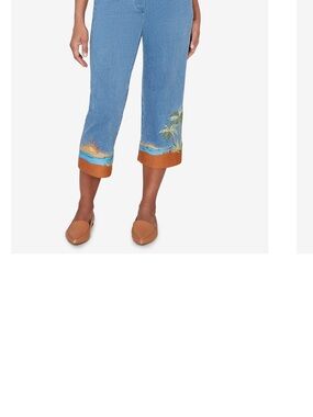 Alfred Dunner Blue Embroidered Capri Crop Jeans with Sunset Hem